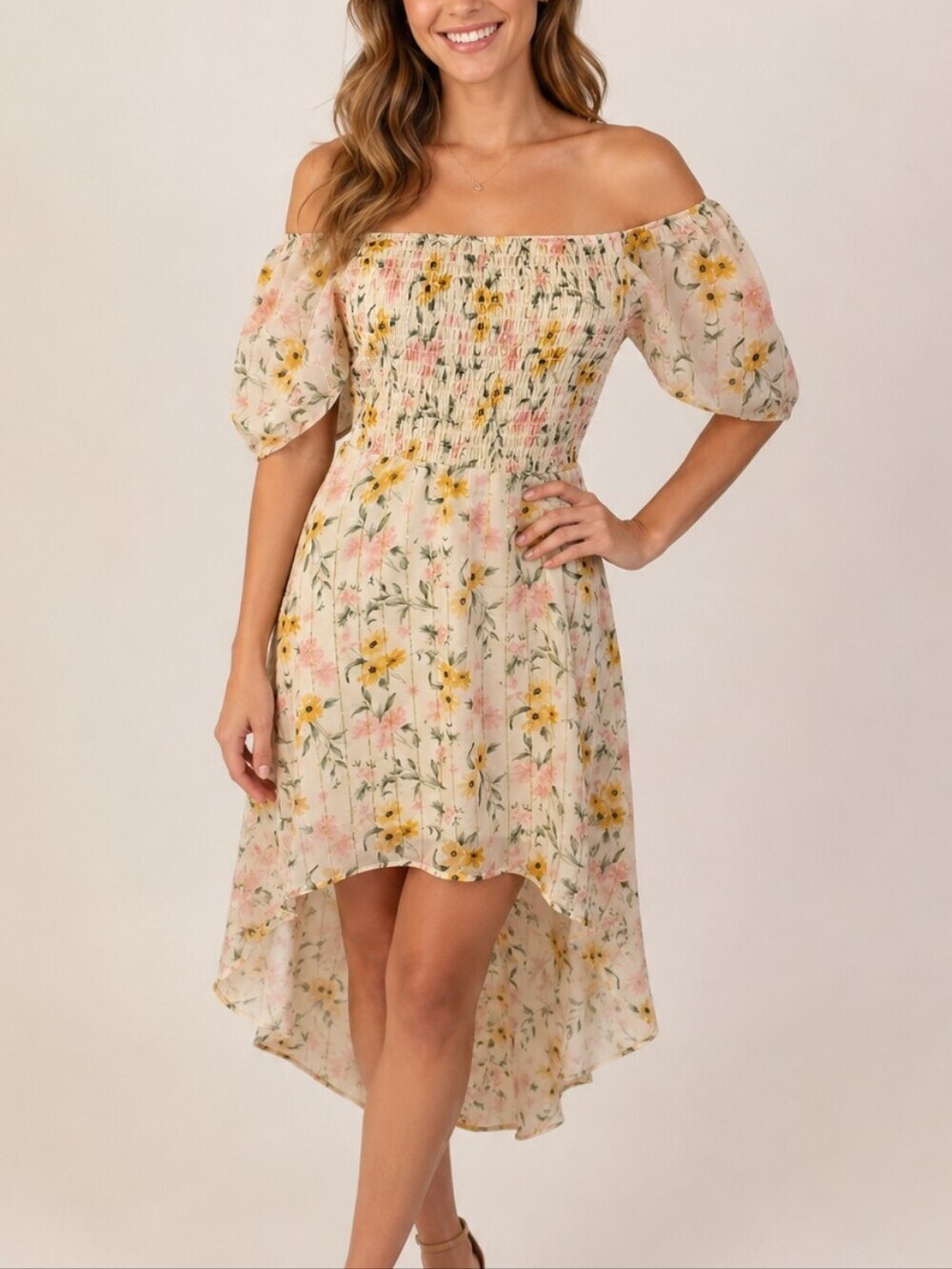 LILY ROSE Metallic Off-Shoulder High-Low Floral Smocked Fairy Goddess Dress